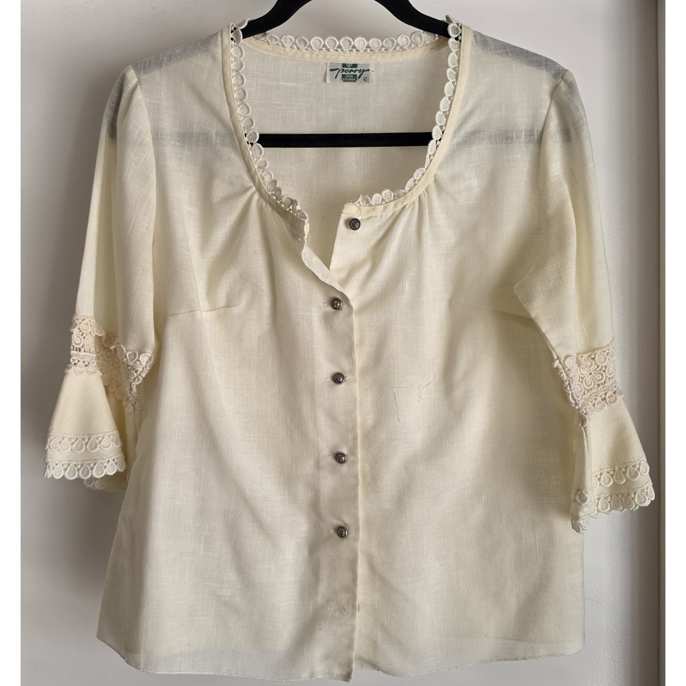 VTG Perry Blouse Women Size 42 Cream 3/4 Sleeve Scoop Neck Solid Boho Top Lace